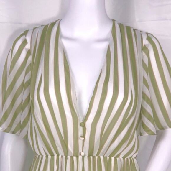 SMY MuMu Cream Olive Green Stripes V-Neck Short Sleeves Midi Dress SzM NWT - Picture 14 of 16